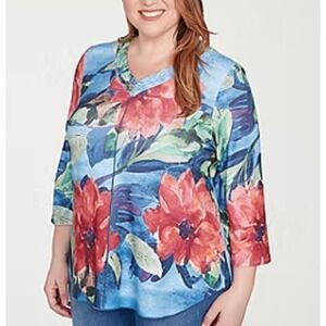 Alfred Dunner Womens El Paso Blue Floral Print 3/4 Sleeve Tunic Top 3X NWT Boho